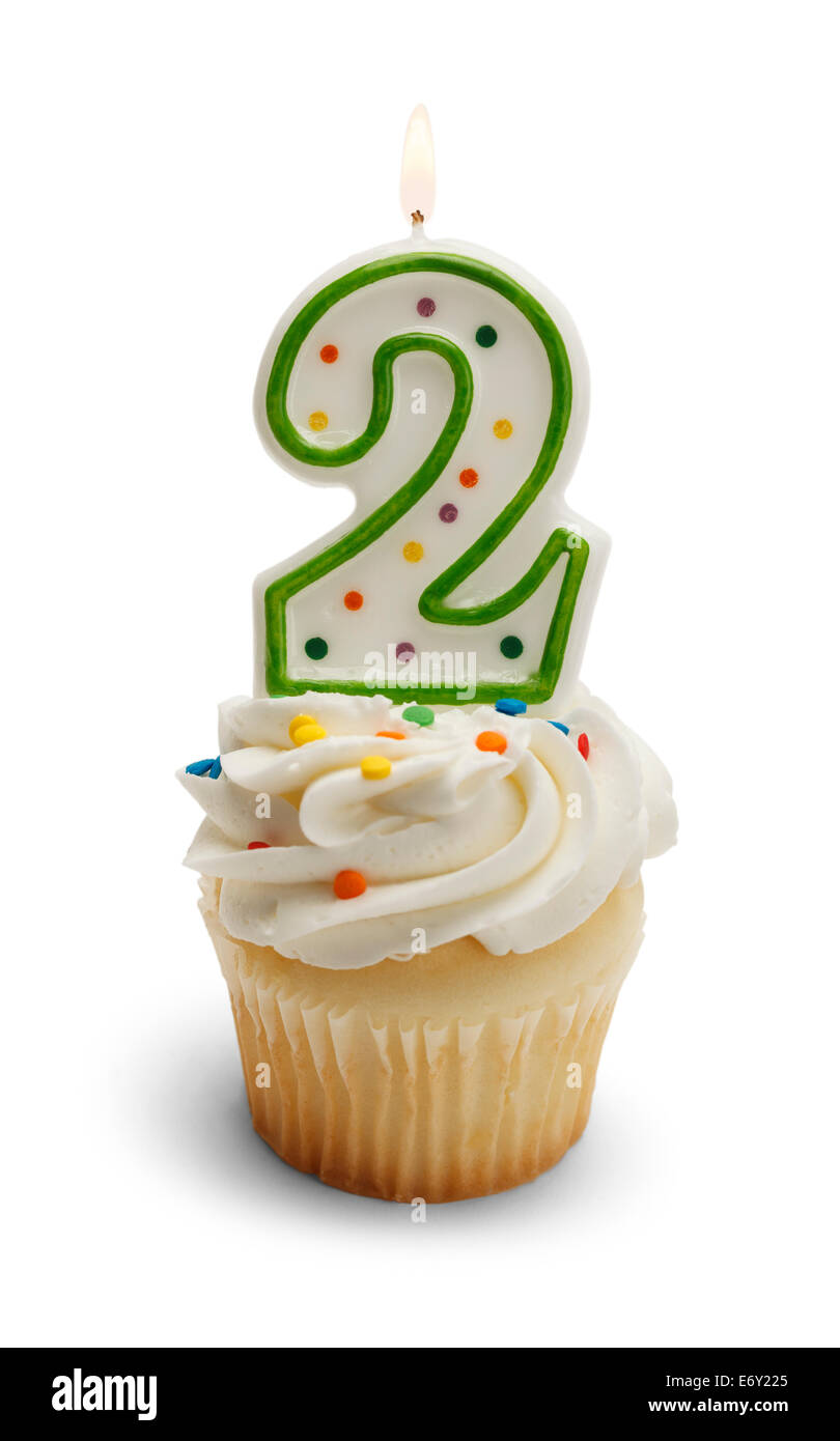 Cupcake mit einer Nummer zwei Kerze, Isolated on White Background. Stockfoto
