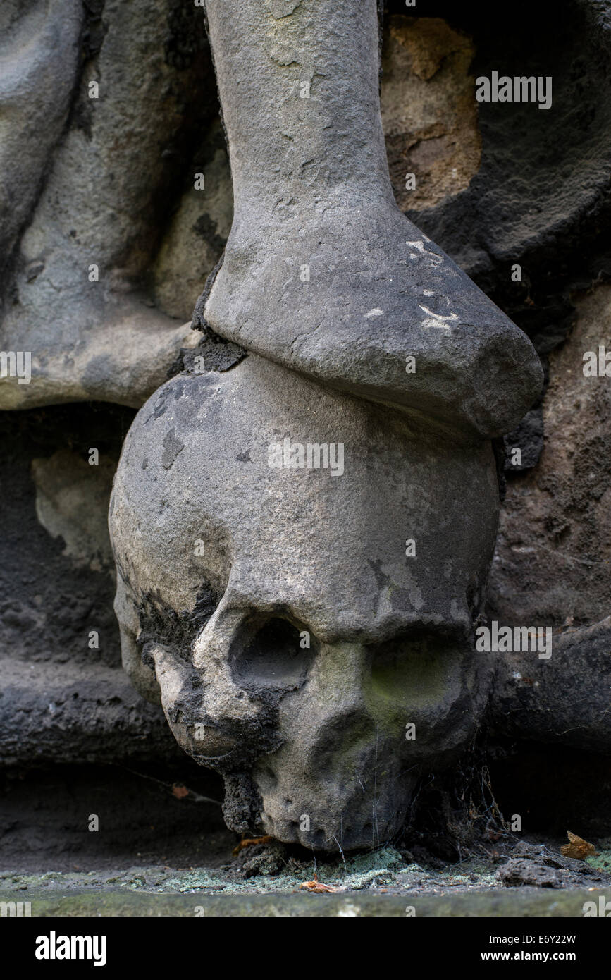 Detail des Wandmaldenkmals für Sir George Foulis von Ravilstoun in Greyfriars Kirkyard, Edinburgh, Schottland, Großbritannien. Stockfoto
