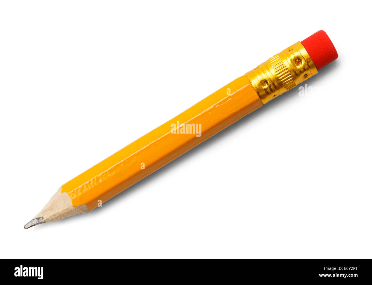 Kurze gelbe Nummer 2 Bleistift mit roten Radierer, Isolated on White Background. Stockfoto