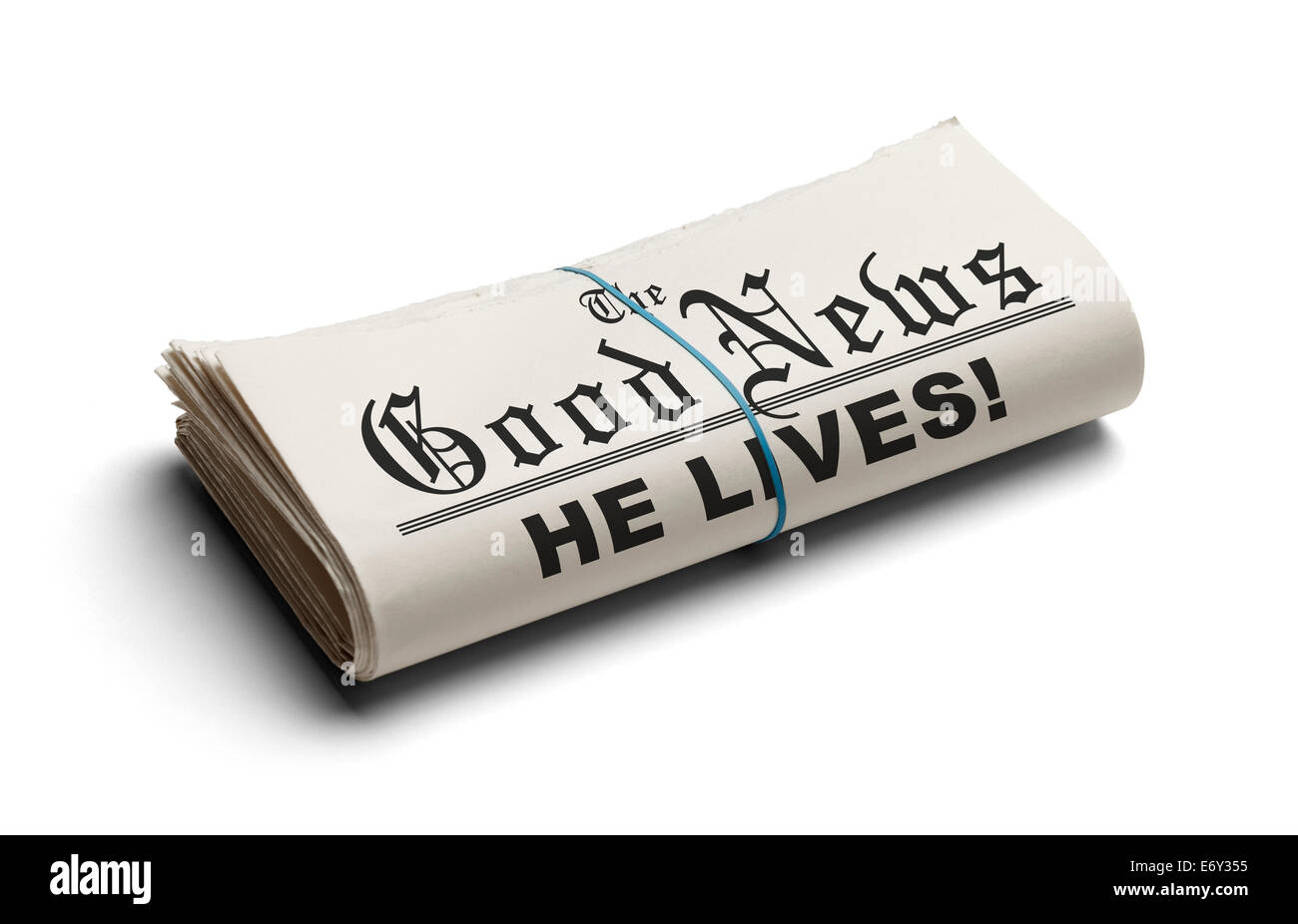 Zeitung mit guten Nachrichten und die Überschrift lebt er auf ihm gedruckt isoliert auf weißem Hintergrund. Stockfoto