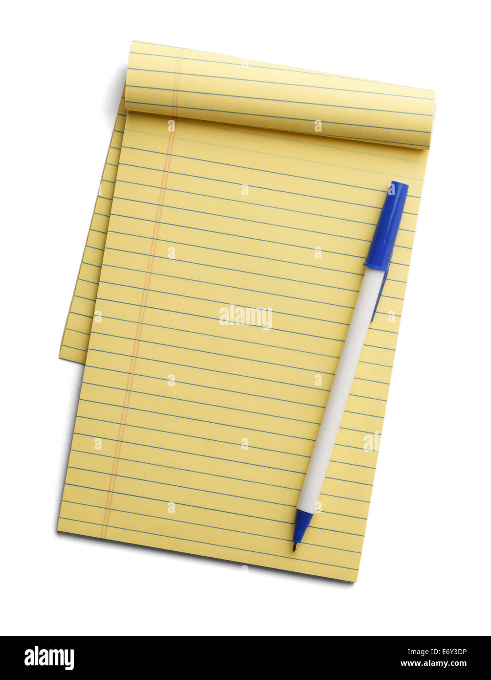 Gelbe Linie-Notizblock mit Stift an der Spitze isoliert auf einem weißen Hintergrund. Stockfoto