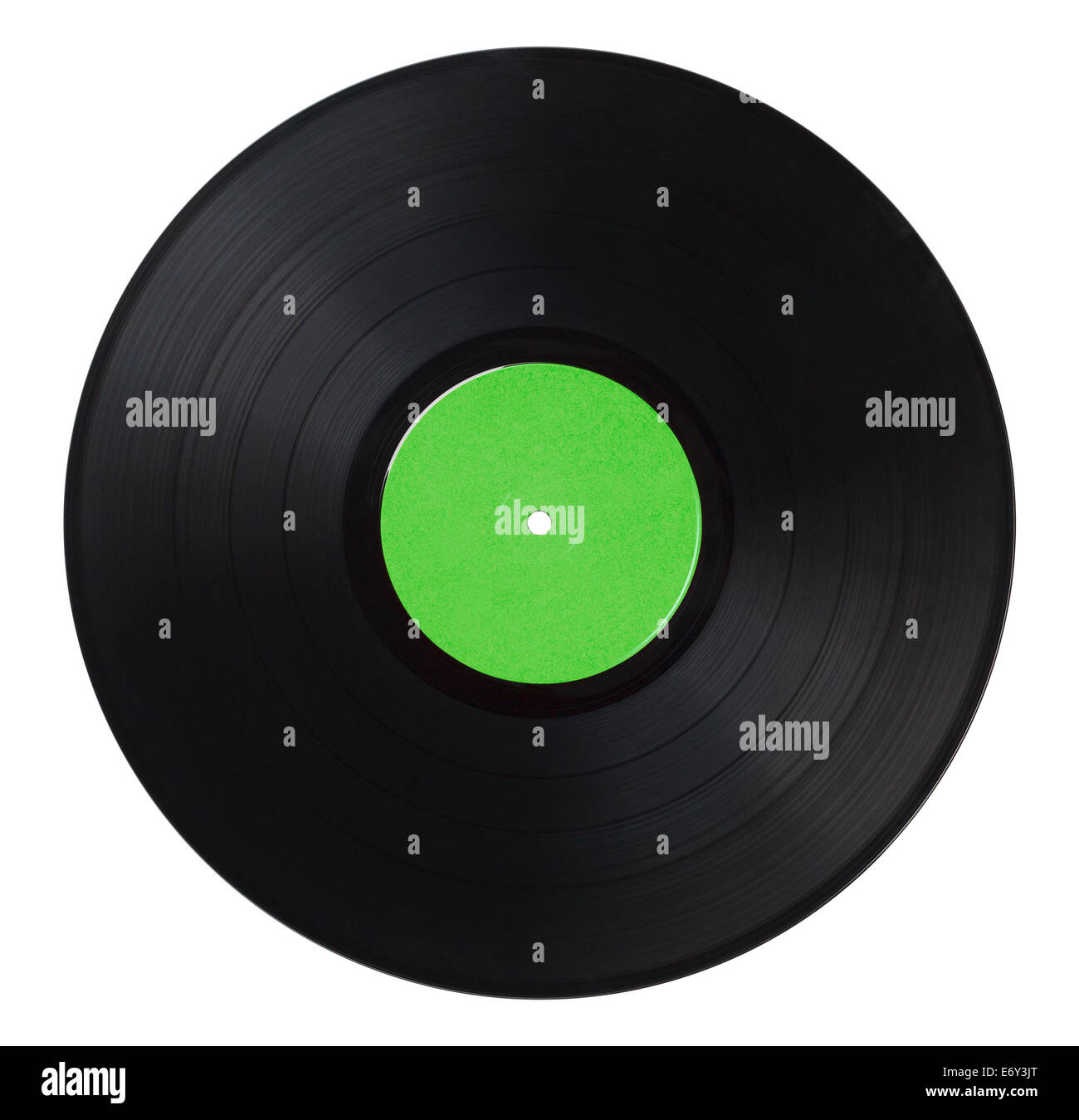 Schwarze Musik Record mit grünen Aufkleber, Isolated on White Background. Stockfoto