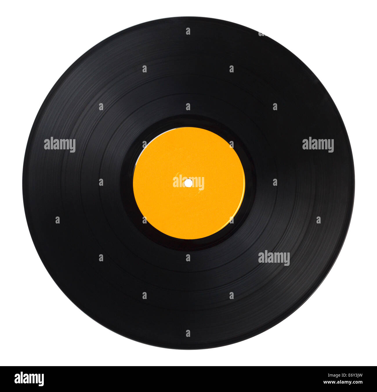 Schwarze Musik Record mit gelben Aufkleber, Isolated on White Background. Stockfoto