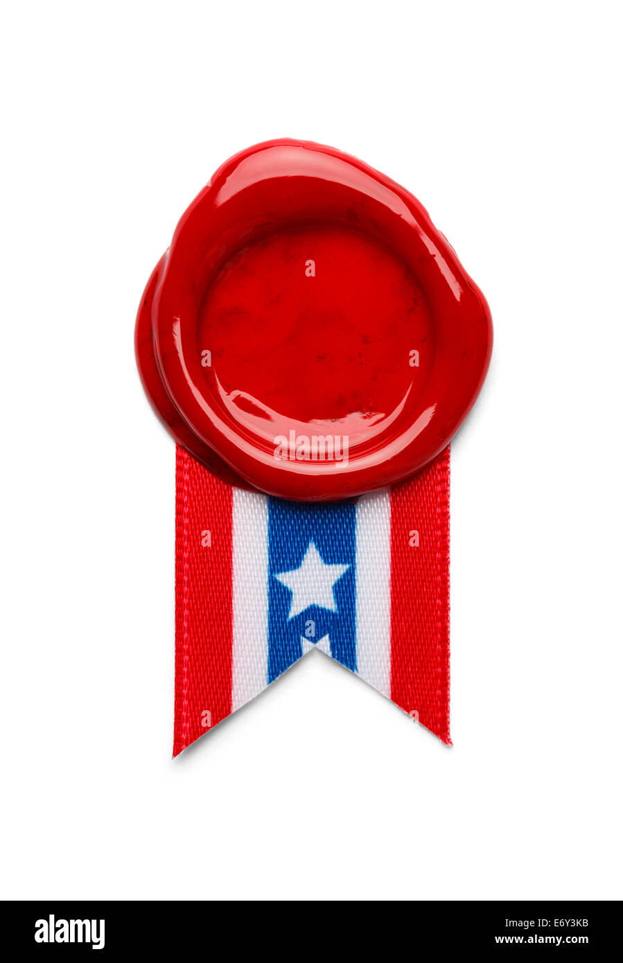 Siegel aus rotem Wachs mit amerikanischen Flagge Band Farben, Isolated on White Background. Stockfoto
