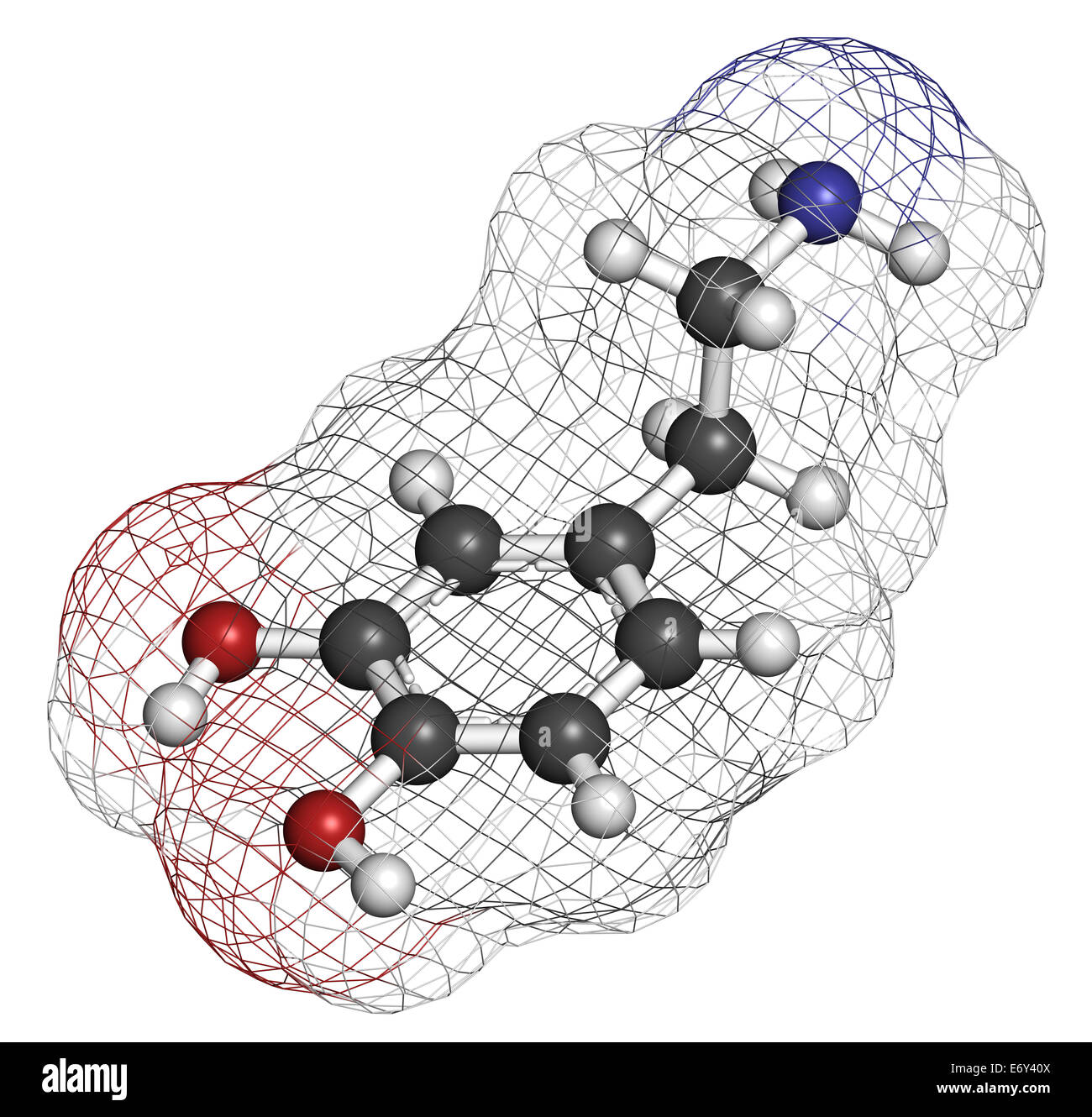 Dopamin-Neurotransmitter-Molekül. Katecholamin Klasse Verbindung, die auch als Hormon wirkt. Atome werden als Kugeln Witz dargestellt. Stockfoto