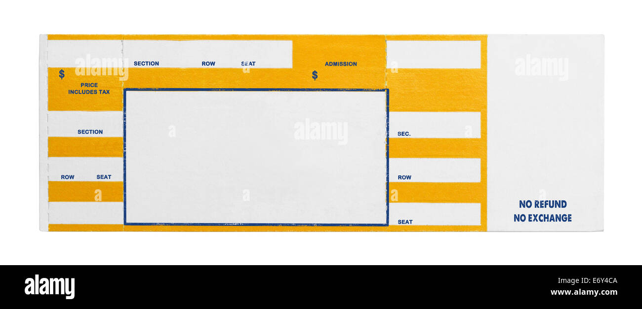 Leere gelbe Leistung Konzertkarte Isolated on White Background. Stockfoto