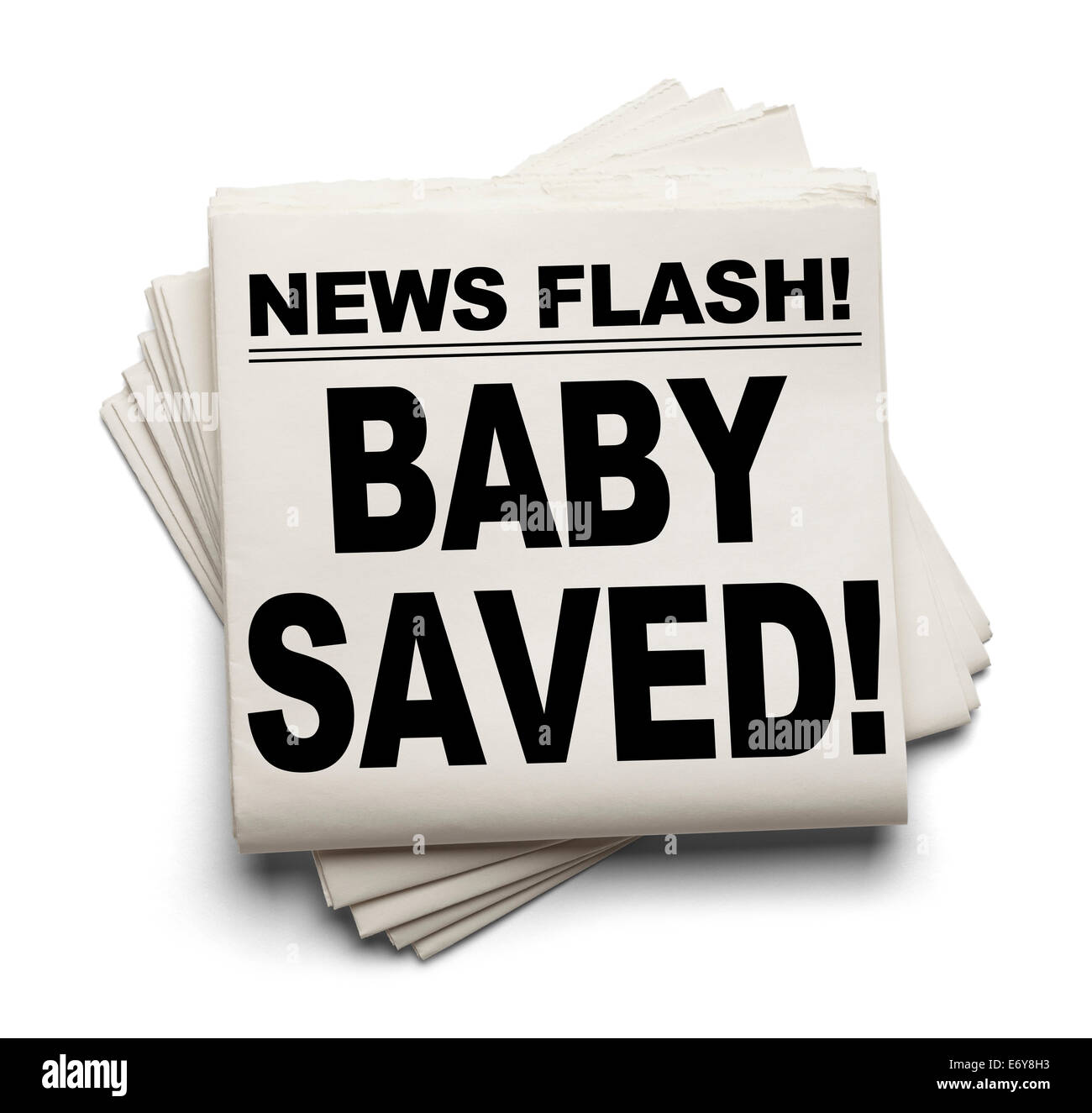 Newsflash-Baby gerettet! Zeitung, Isolated on White Background. Stockfoto