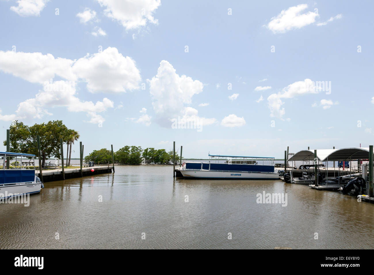 Große Sightseeing-Ponton-Boote angedockt in kleinen Everglades City Marina mit kleinen Insel hinaus. Stockfoto