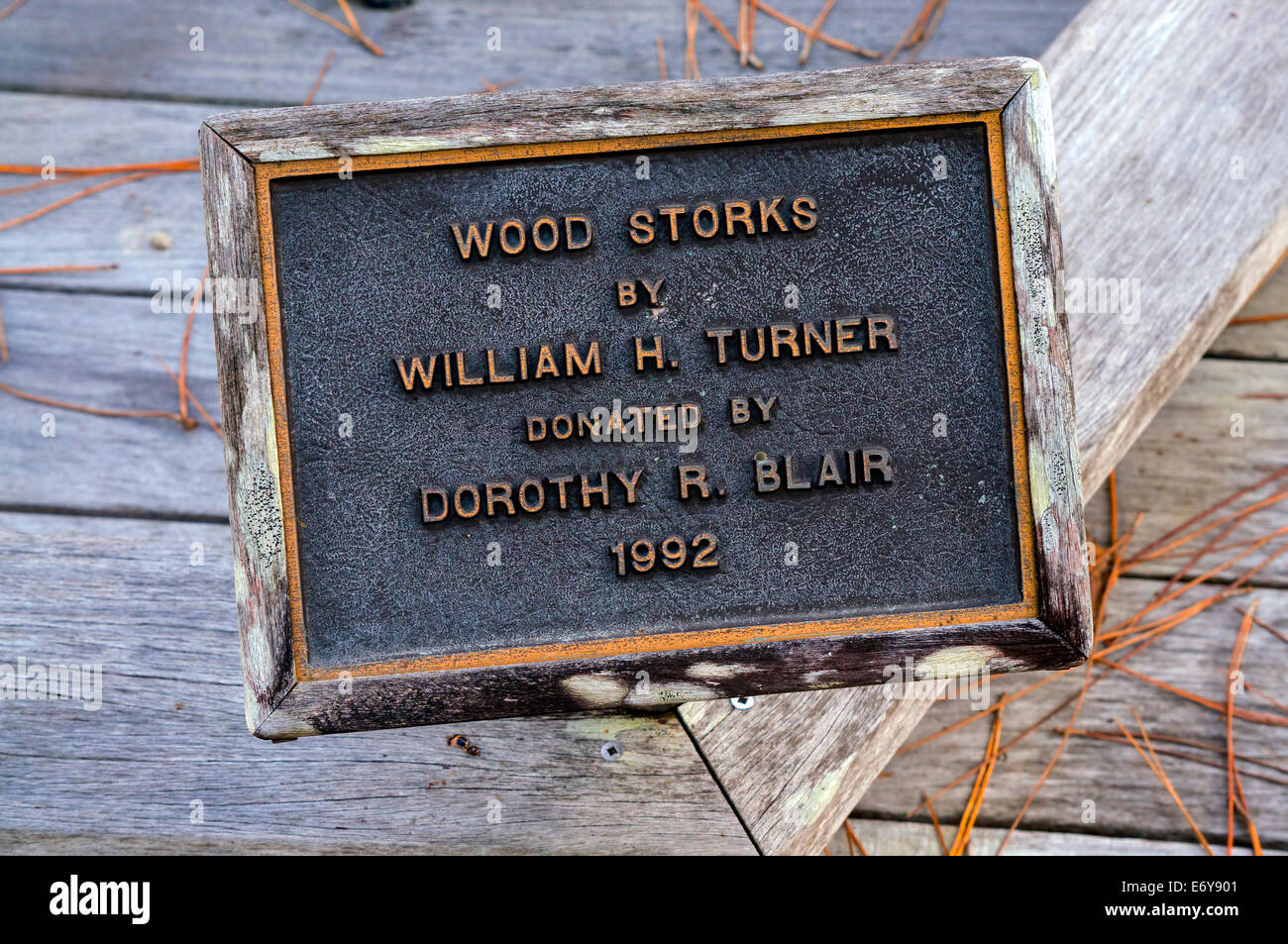 Messing-Gedenktafel erinnert an Skulptur von William Turner mit dem Titel "Holz Störche" am Audubon Corkscrew Swamp Sanctuary Visitor Center. Stockfoto