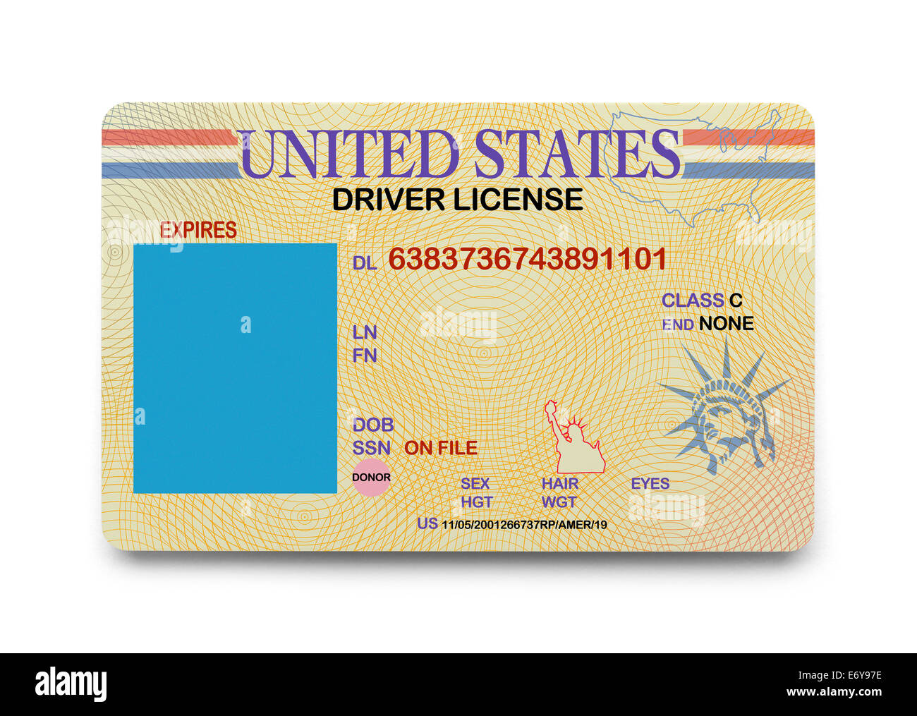 US-Führerschein mit Kopie Raum isolierten auf weißen Hintergrund. Stockfoto