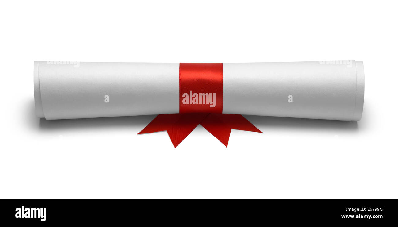 Diplom mit Red Ribbon Vorderansicht, Isolated on White Background. Stockfoto