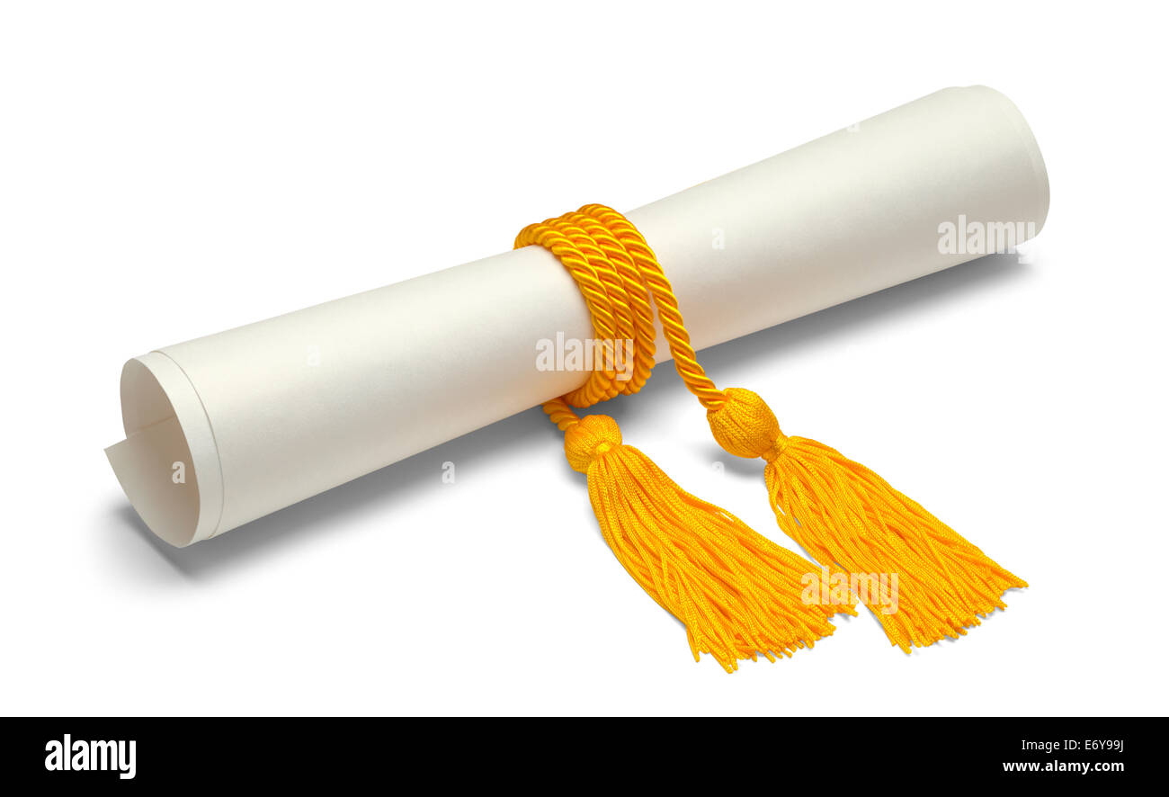 Diplom mit Gold Honor Cords, Isolated on White Background. Stockfoto