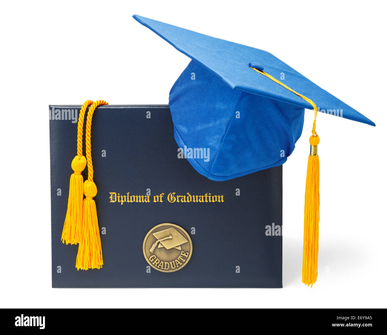 Diplom der Graduierung mit blauen Doktorhut und Ehre Kordeln, Isolated on White Background. Stockfoto