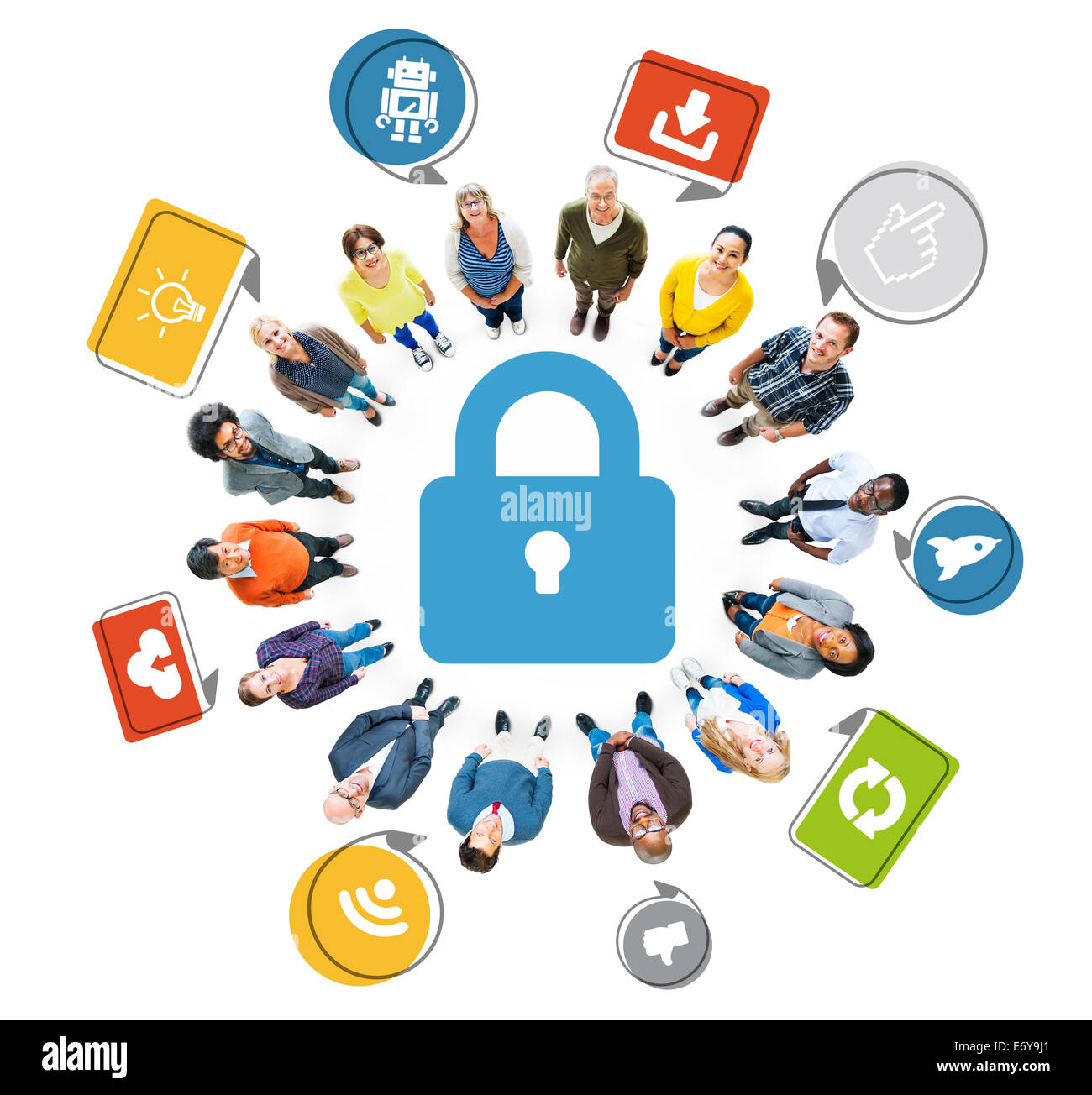 Luftaufnahme der multiethnischen und Social-Media-Security-Konzept Stockfoto