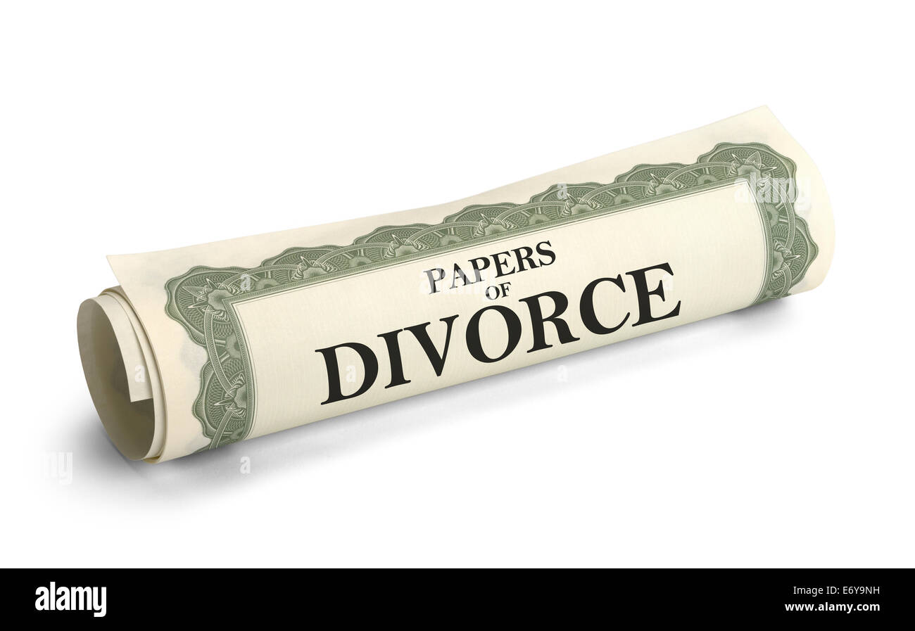 Rechtliche Scheidung Dokumente aufgerollt isoliert auf weißem Hintergrund. Stockfoto