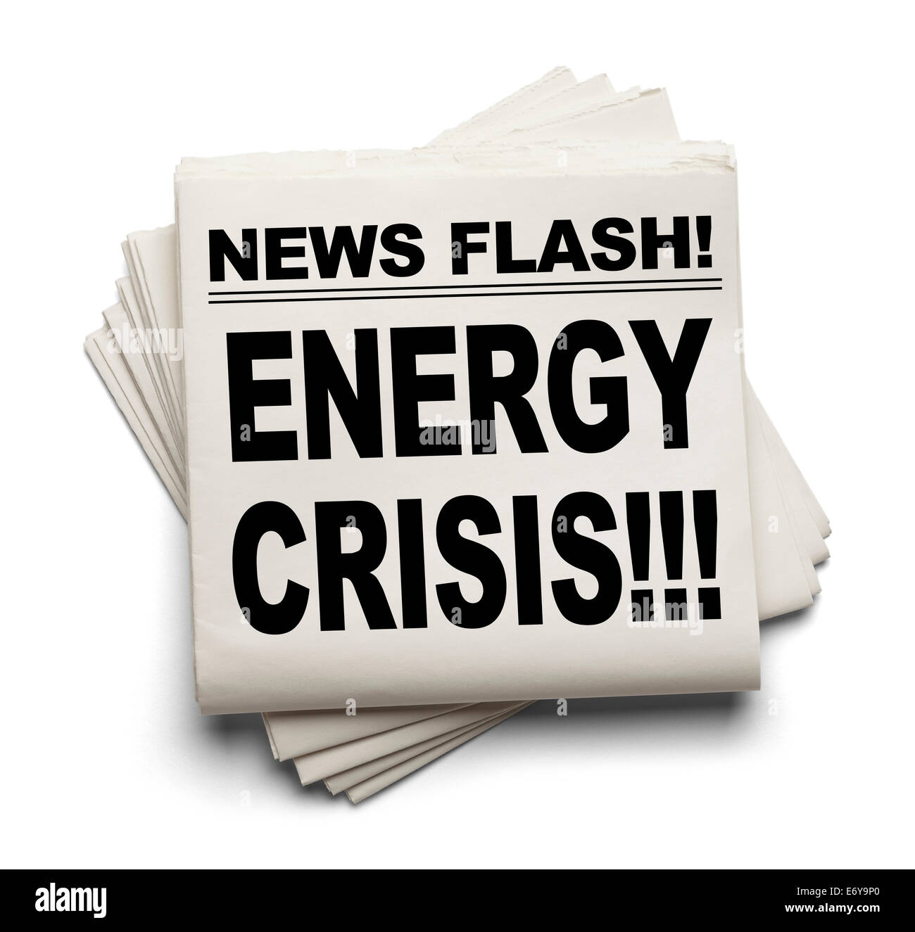 News Flash Energie Krise News Papier isoliert auf weißem Hintergrund. Stockfoto