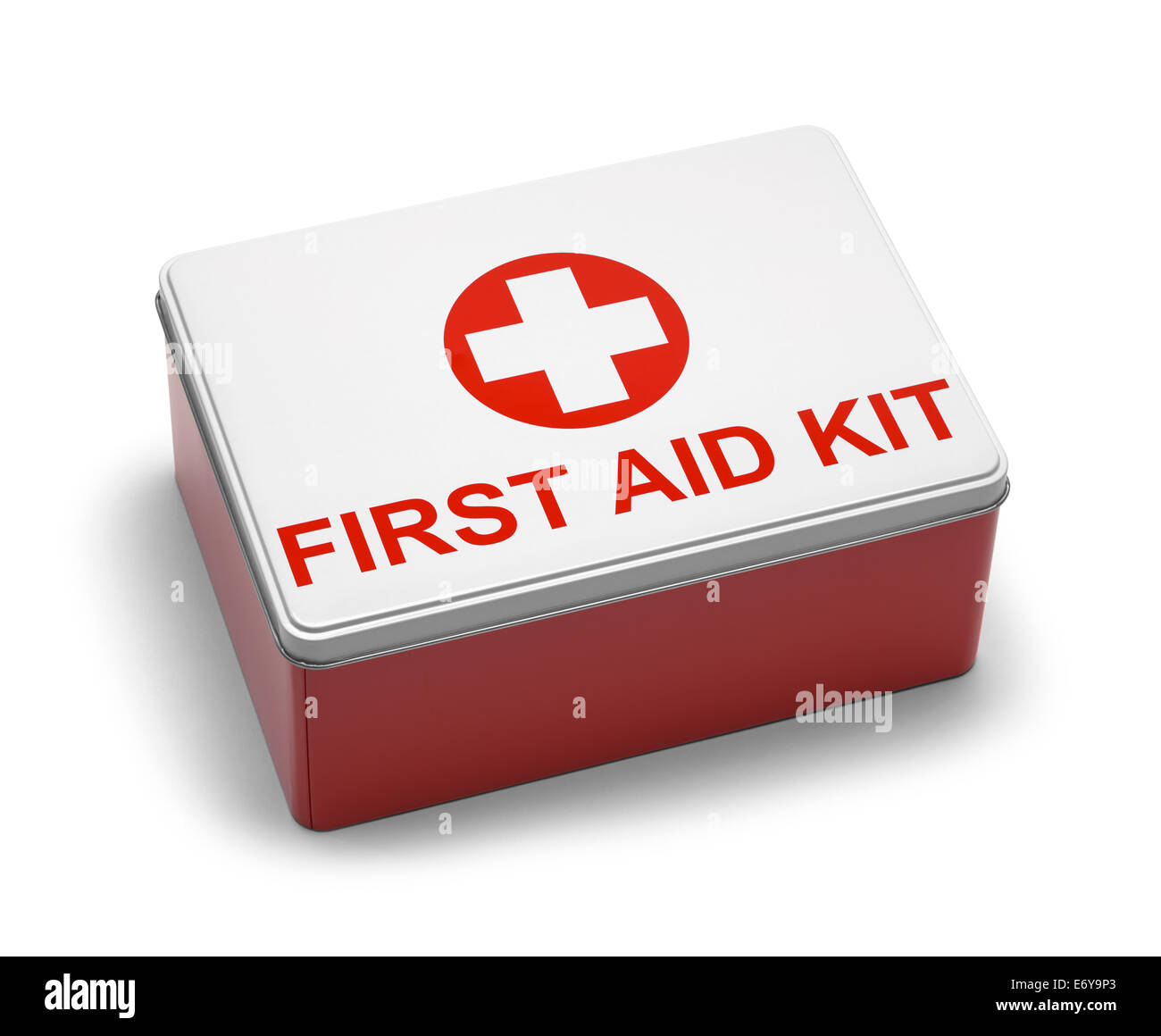 Rot und weiß Metall-erste-Hilfe-Kit-Box. Isolated on White Background. Stockfoto