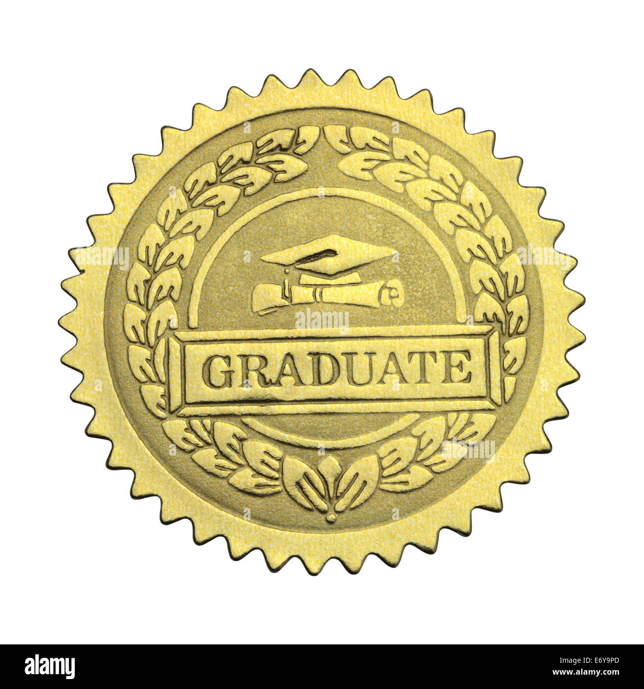Goldene Sterne Siegel mit Diplom Hut und Scroll, Isolated on White Background. Stockfoto
