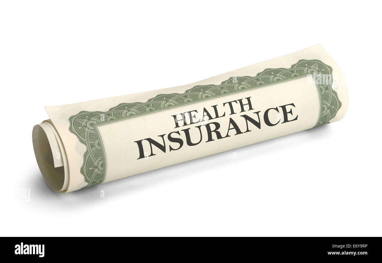Health Insurance Policy isoliert auf weißem Hintergrund aufgerollt. Stockfoto