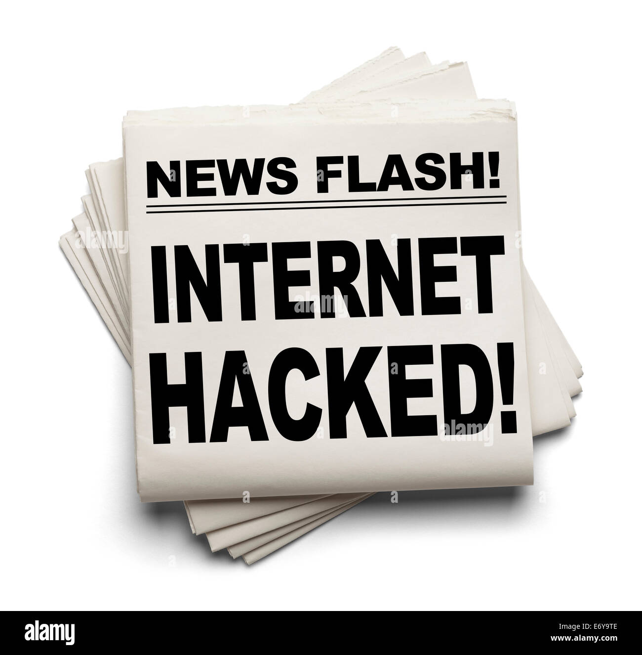 News Flash Internet gehackt Zeitung auf weißem Hintergrund isoliert. Stockfoto