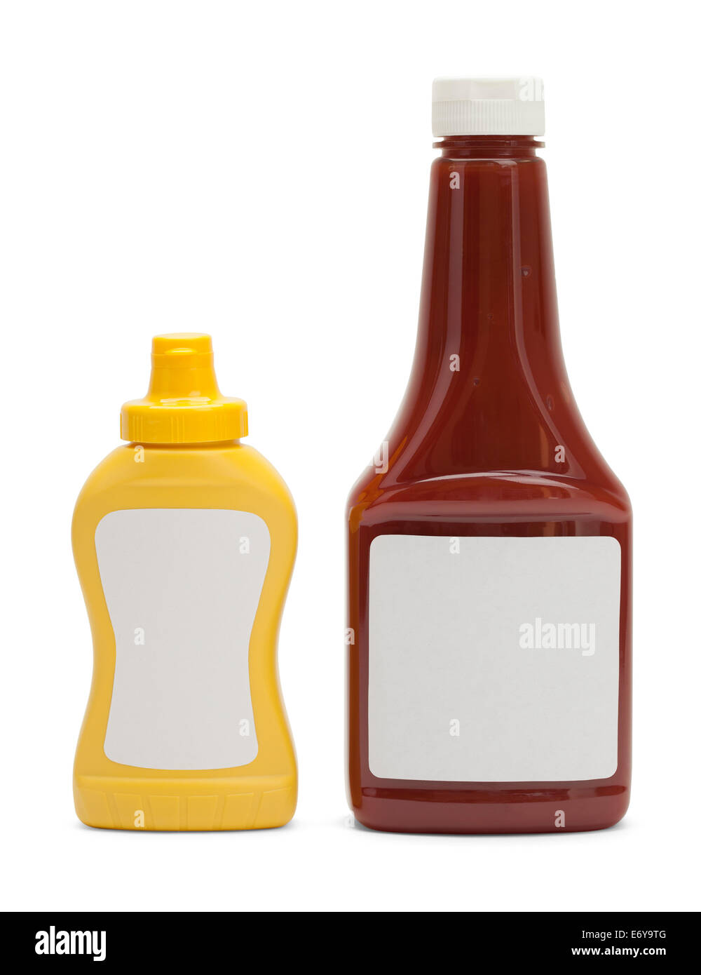 Generische Ketchup und Senf Flasche, Isolated on White Background. Stockfoto