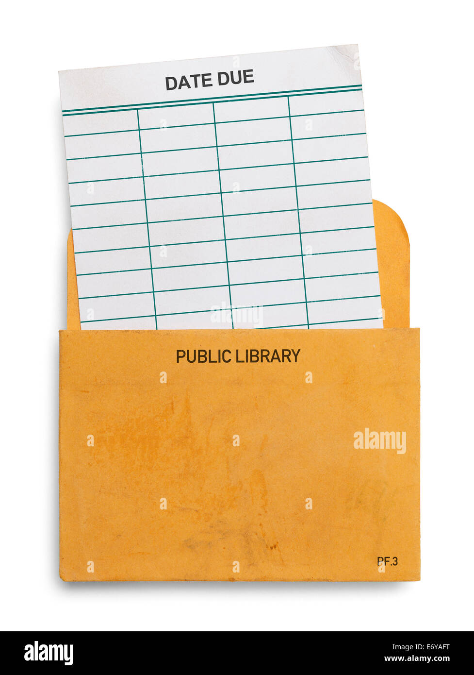 Leere öffentliche Bibliothek Buch Check Out Karte Fälligkeitsdatum Schlupf im gelben Umschlag isoliert auf weißem Hintergrund. Stockfoto