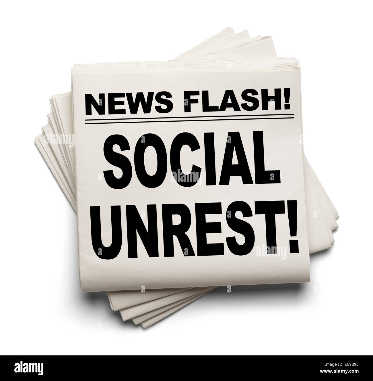 News Flash soziale Unruhen News Papier isoliert auf weißem Hintergrund. Stockfoto