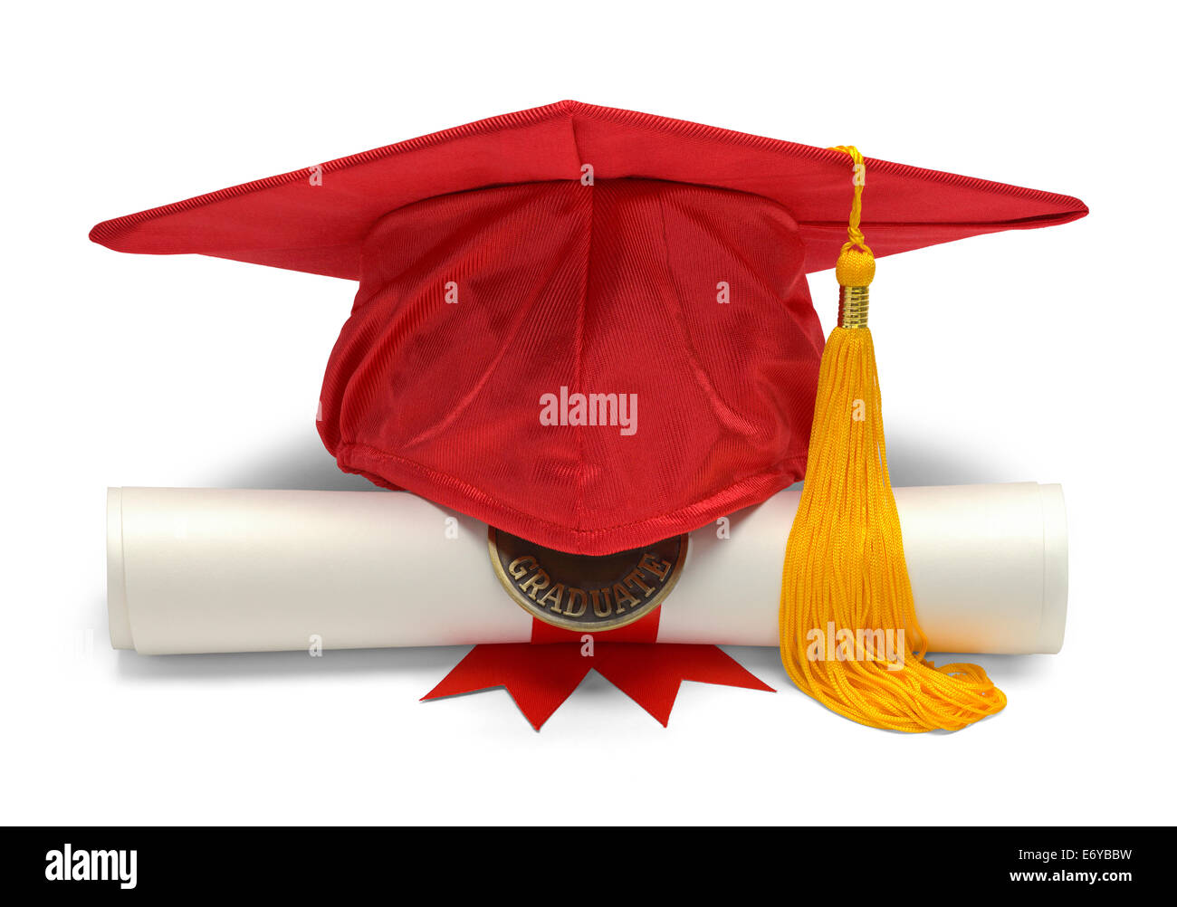 Graduation Hut und Diplom Vorderansicht Isolated on White Background. Stockfoto