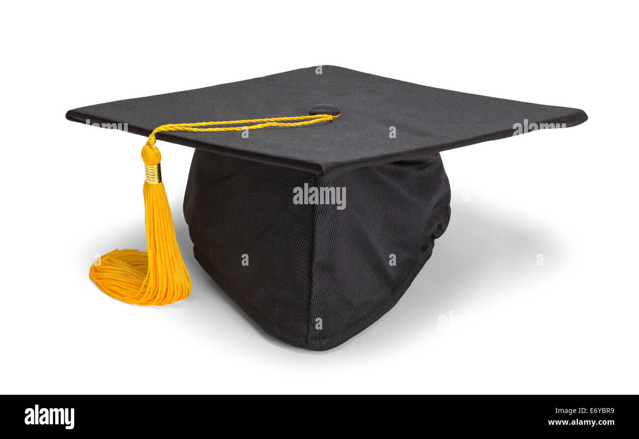 Schwarze Graduierung Hut mit Gold Quaste, Isolated on White Background. Stockfoto