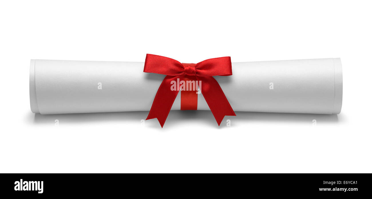 Diplom mit roten gebunden Bow Band Vorderansicht auf weißem Hintergrund isoliert. Stockfoto