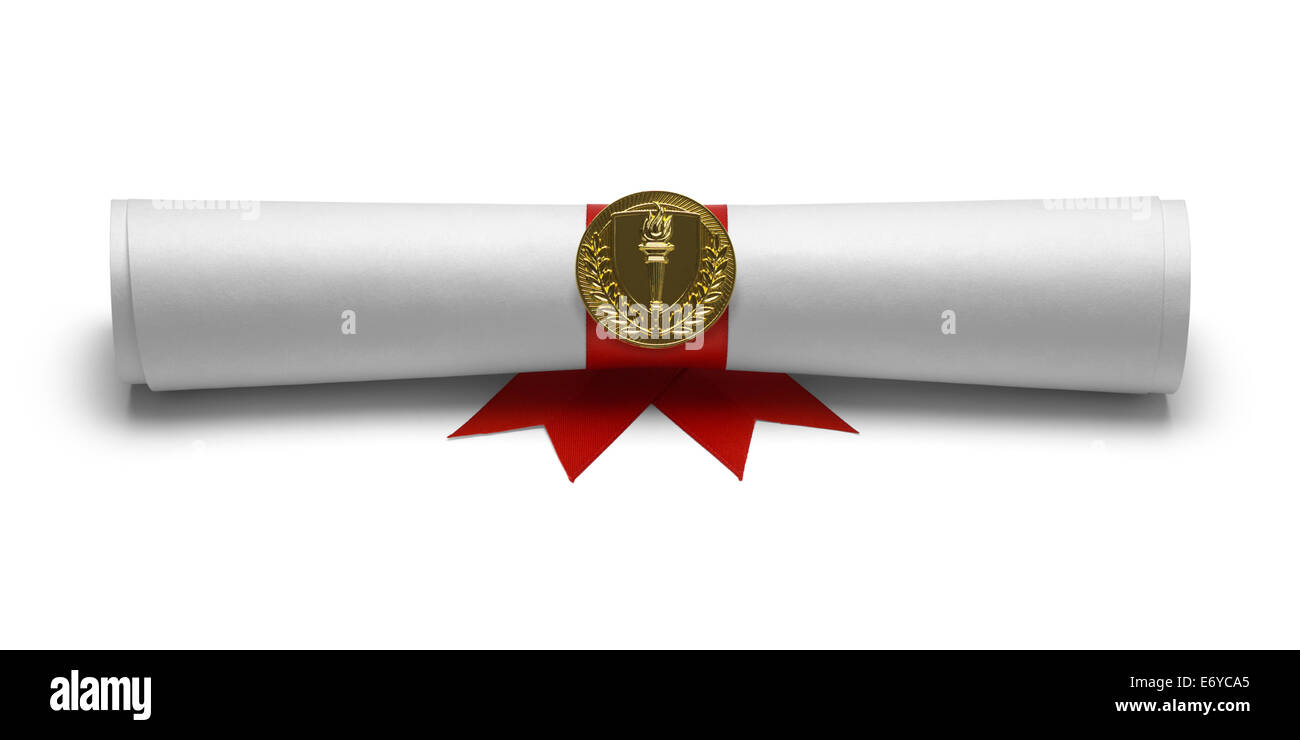 Diplom mit roten Band und Fackel Dichtung Vorderansicht, Isolated on White Background. Stockfoto