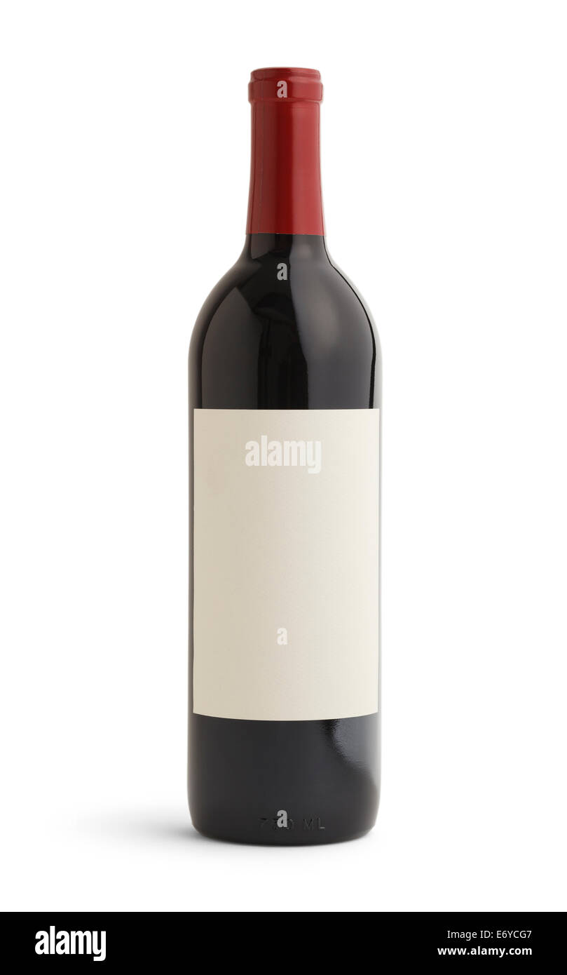 Einzelne Flasche Wein mit leere Beschriftung und rotes Top. Isolated on White Background. Stockfoto