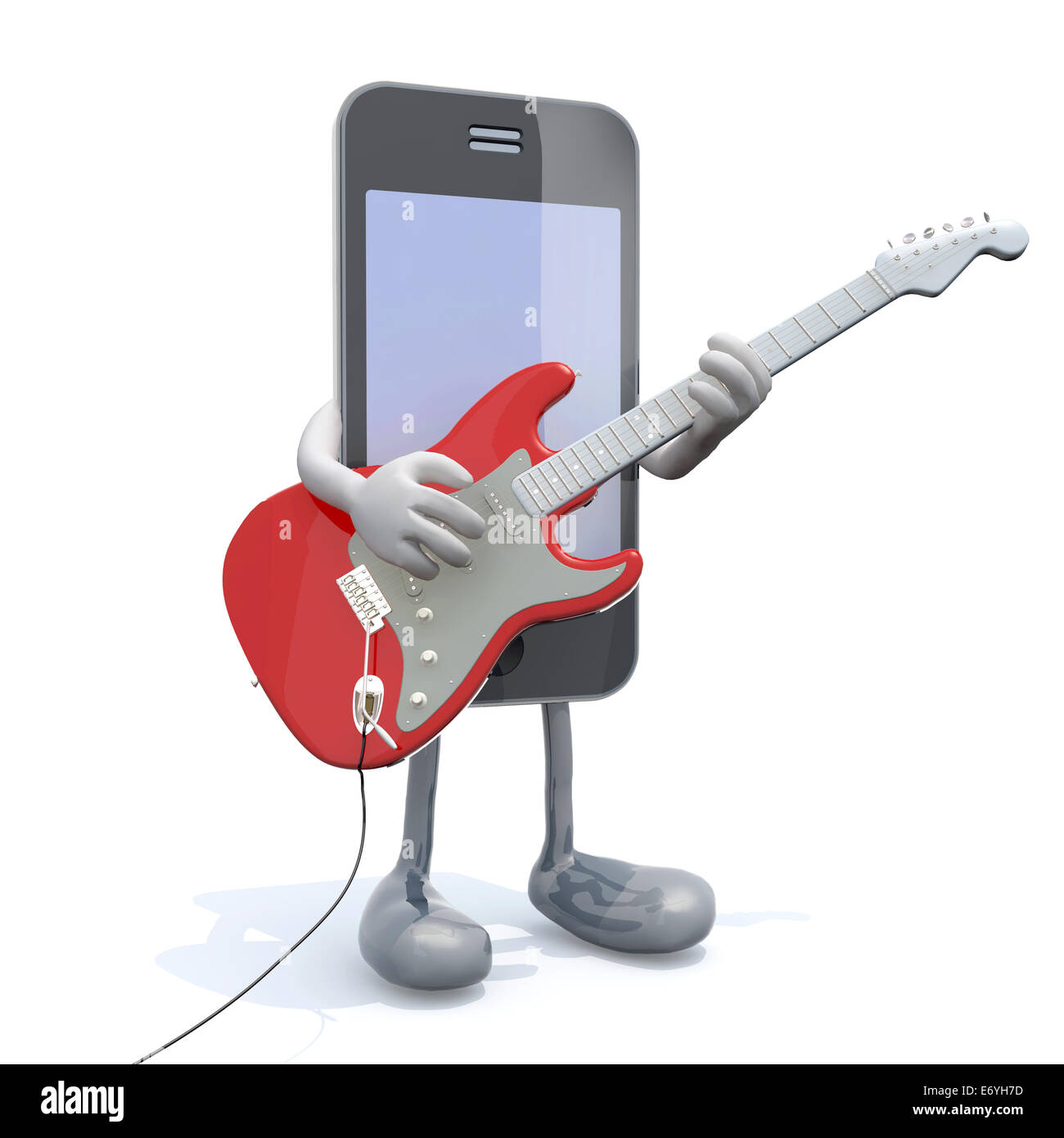 Smartphone mit Armen und Beinen, die e-Gitarre, 3D-Illustration spielen Stockfoto