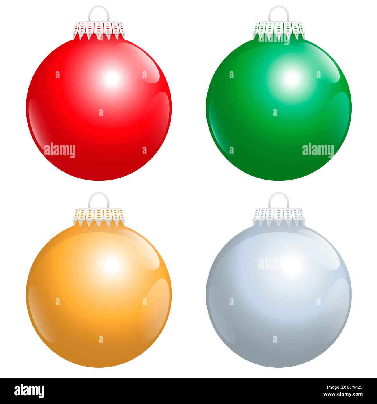 Die vier beliebtesten Farben der glänzenden Christbaumkugeln: rot, grün, Gold und Silber. Stockfoto
