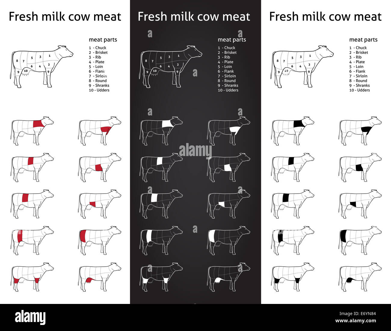 Icon-set Bauernhof frische Milch Kuh (Rind) Fleischteile für Verpackungen und Info-Grafik in drei Versionen Stockfoto