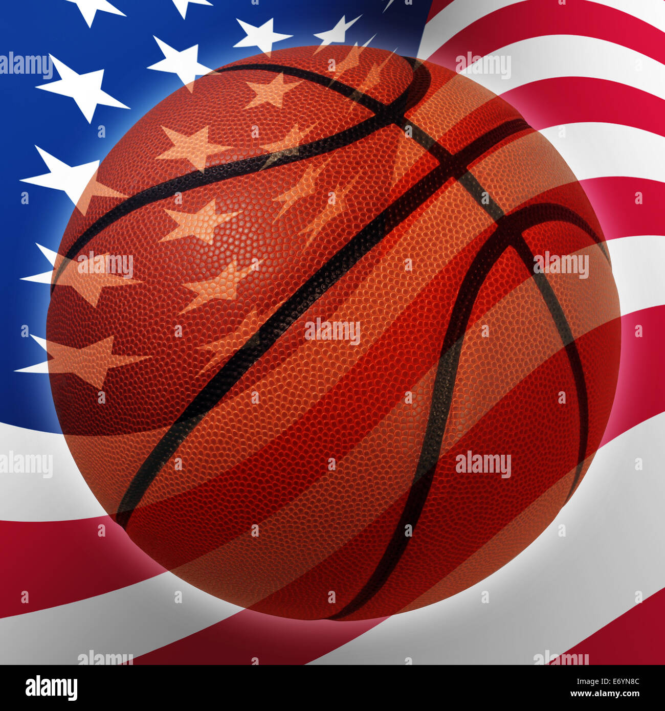 US-amerikanischer American-Football-Symbol mit einer USA-Flagge im Hintergrund als ein Sport-Ikone und Fitness-Symbol der Teamstolz. Stockfoto
