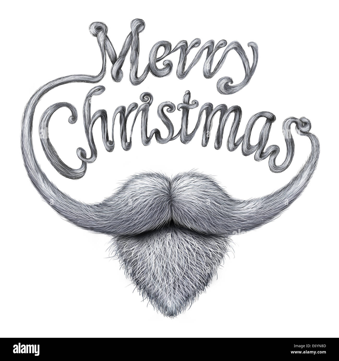 Frohe Weihnachten-Konzept als eine glückliche humorvolle Grußkartennachricht als Santa Klausel Bart und Schnurrbart mit langen Schnurrhaare geformt als geschriebener Text auf weißem Hintergrund. Stockfoto