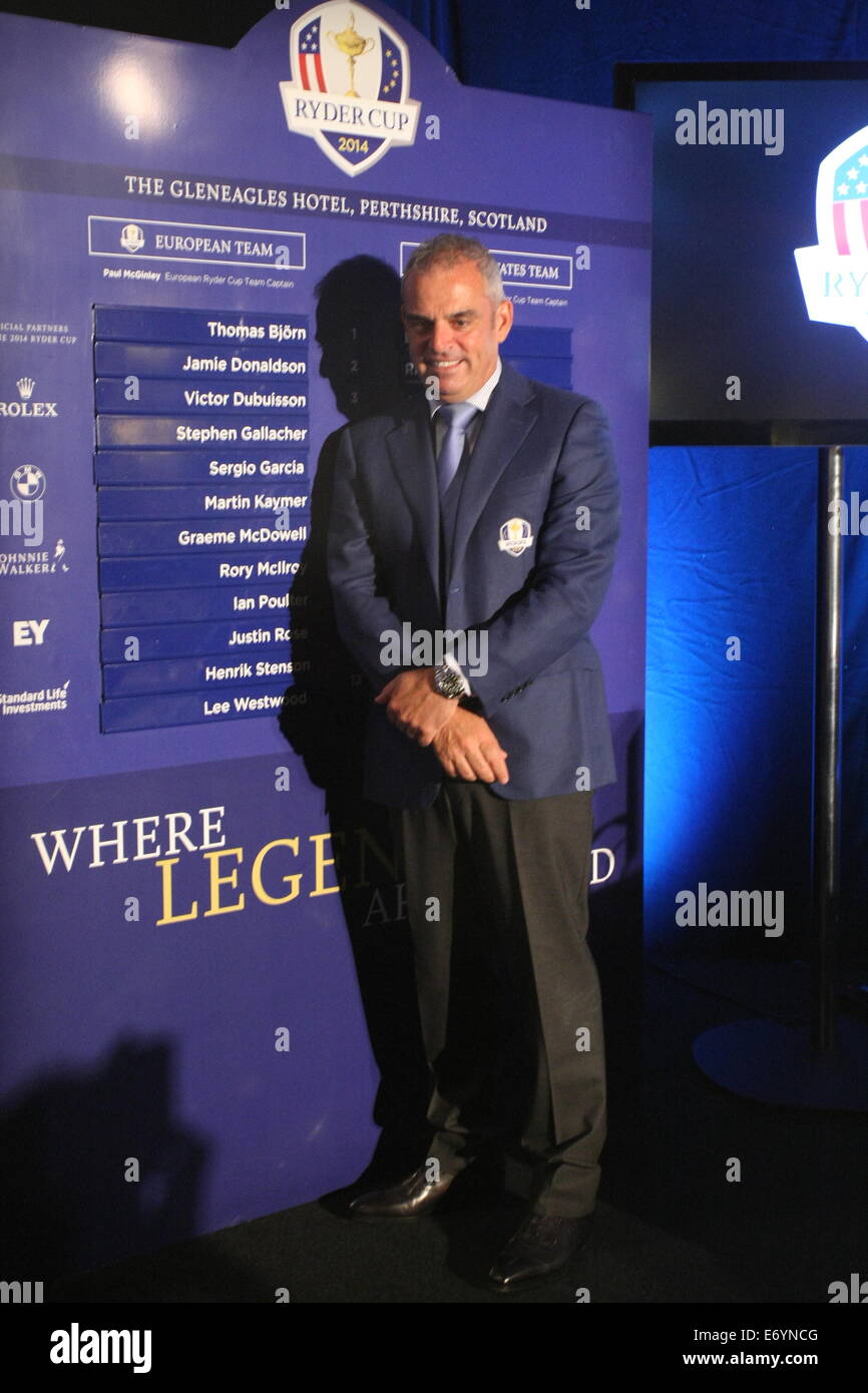 Paul McGinley, Golf Ryder Cup Captain 2014 verkündet, daß seine "Auswahl" an andere Spieler bereits qualifiziert, um im Team Stockfoto