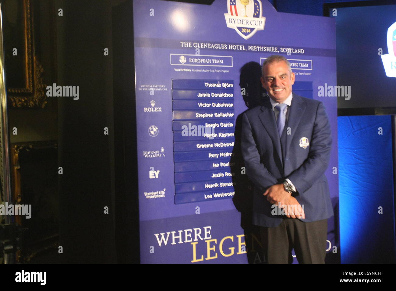 Paul McGinley, Golf Ryder Cup Captain 2014 verkündet, daß seine "Auswahl" an andere Spieler bereits qualifiziert, um im Team Stockfoto