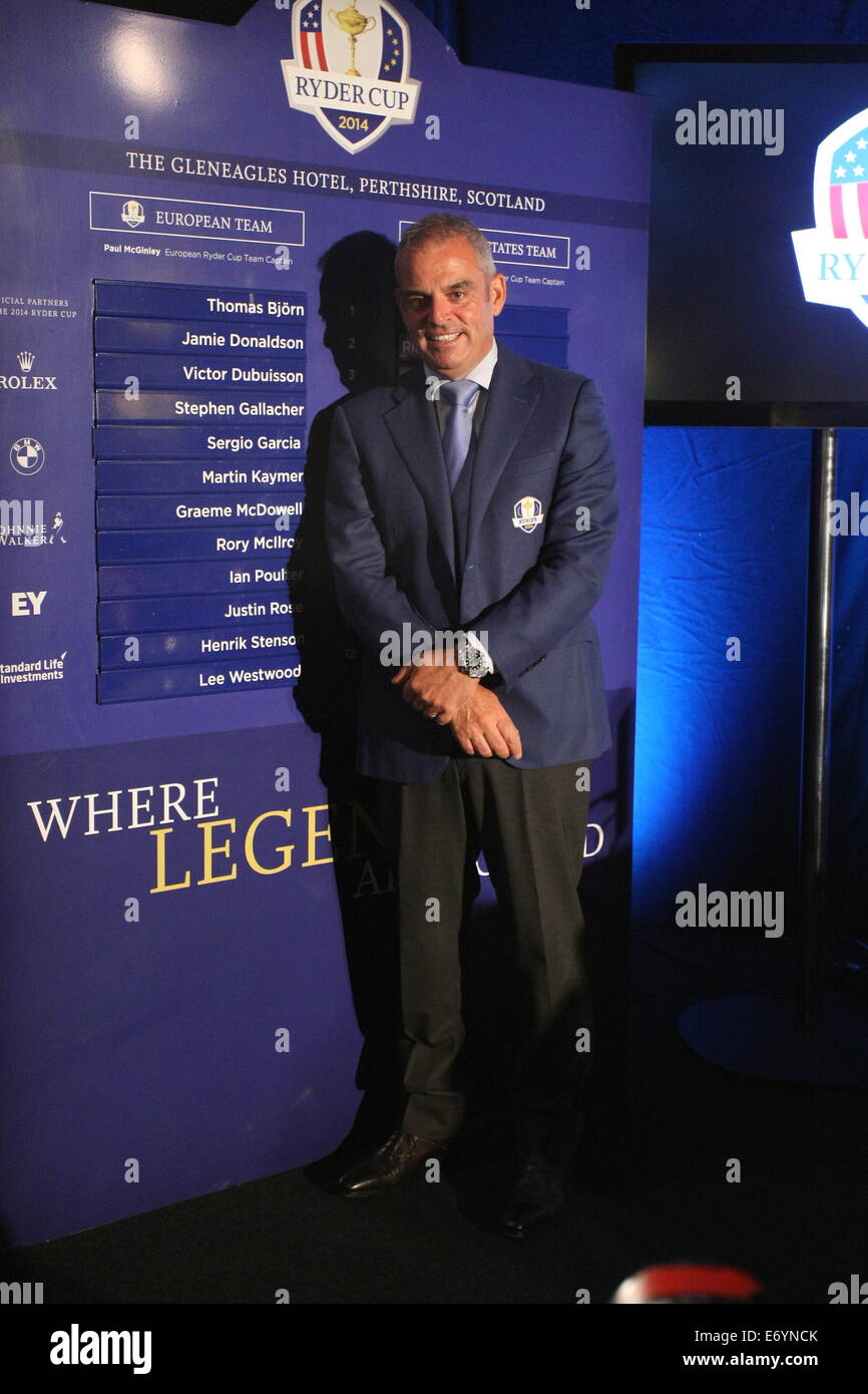 Paul McGinley, Golf Ryder Cup Captain 2014 verkündet, daß seine "Auswahl" an andere Spieler bereits qualifiziert, um im Team Stockfoto