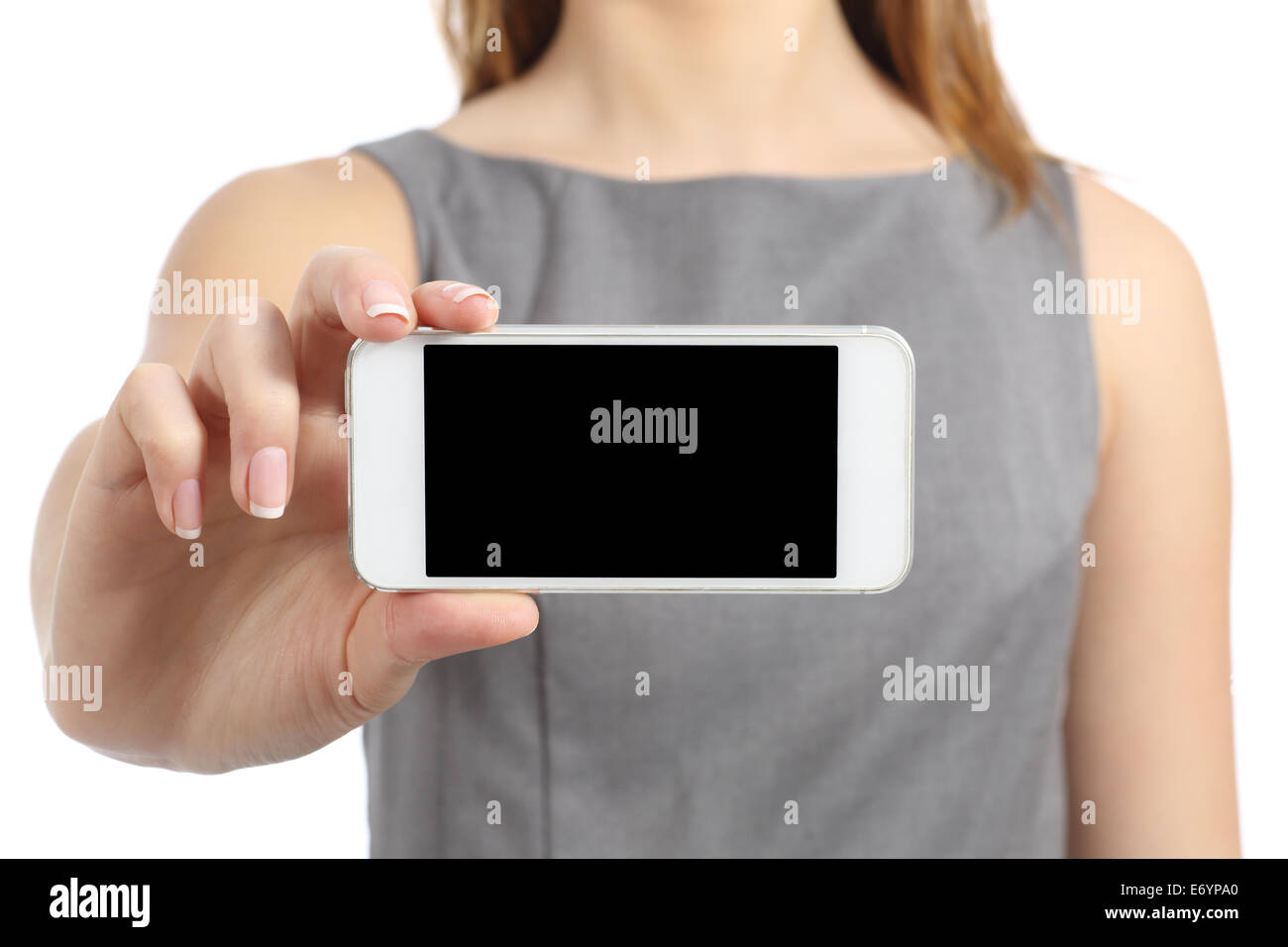 Unternehmen Frau Hand zeigt einen leere Smartphone-Bildschirm auf einem weißen Hintergrund isoliert Stockfoto
