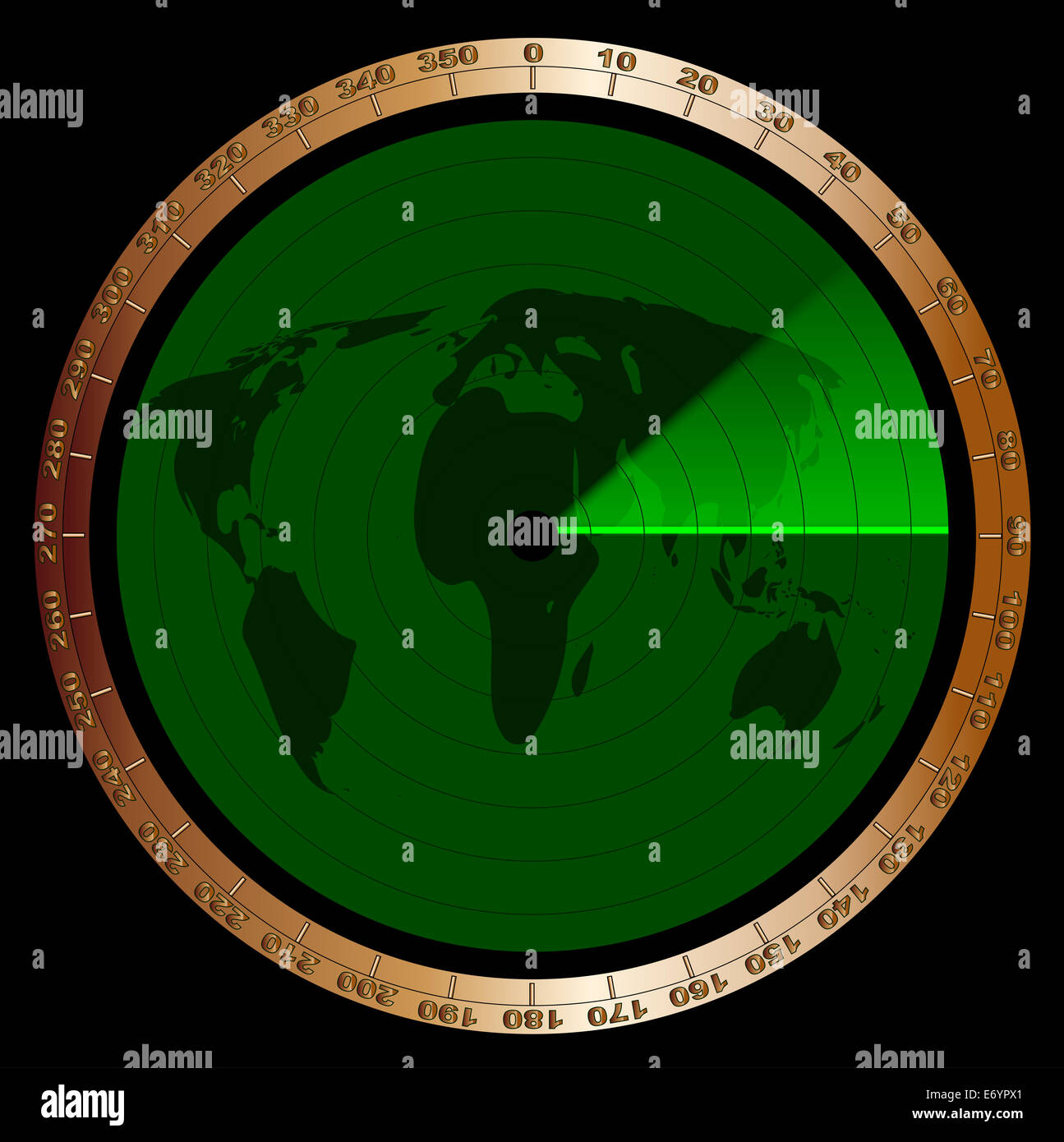 Der Bildschirm einer typischen Radar in grün mit Abstufungen und eine Karte der Kontinente Stockfoto