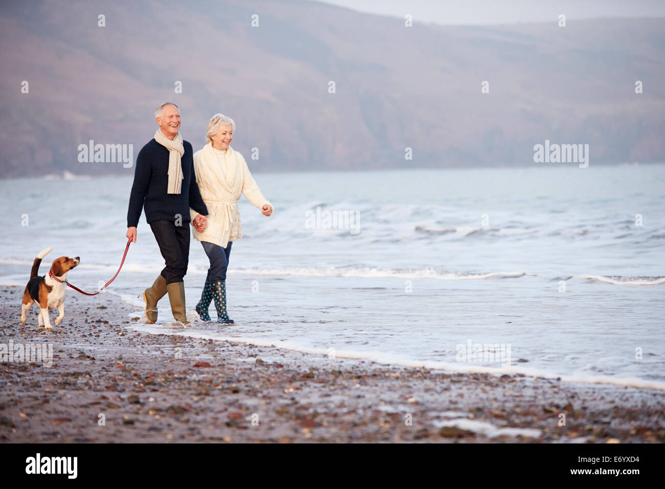 Älteres paar Winter Strand entlang mit Hund Stockfoto