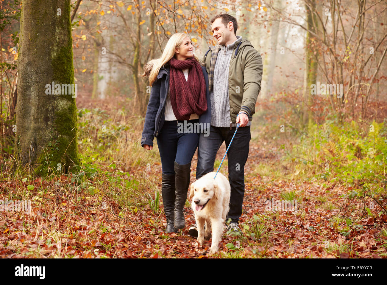 Paar Spaziergang mit Hund durch den Wald Winter Stockfoto