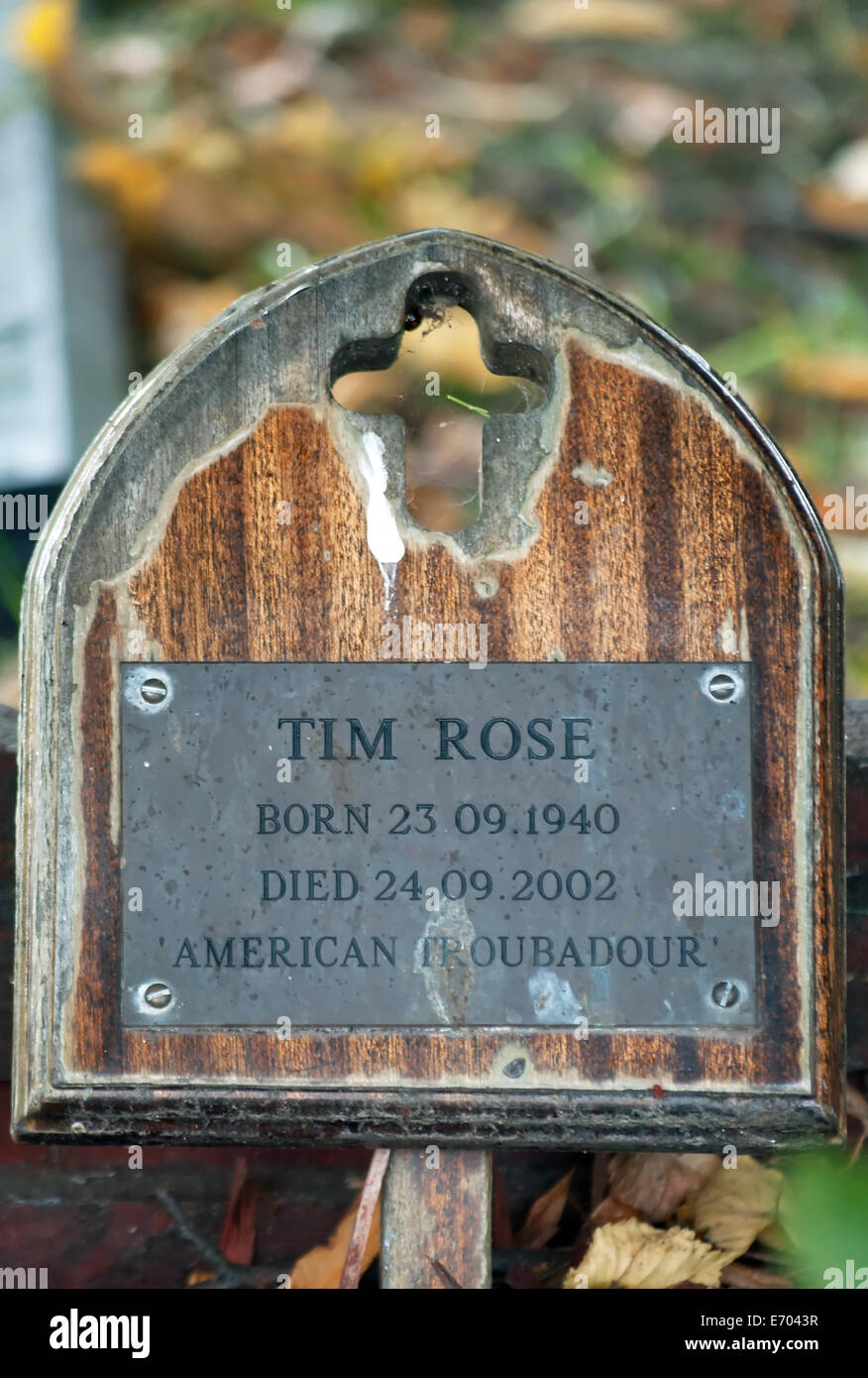 Grab von Singer-Songwriter Tim Rose, als amerikanische Troubadour, Brompton Cemetery in London, england Stockfoto