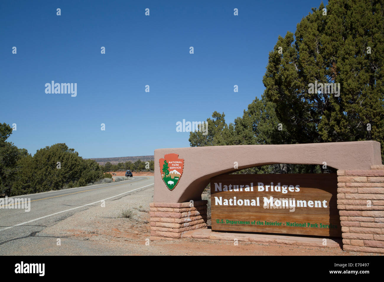 USA; Utah; Natural Bridges Nationalmonument; Eintrag Zeichen Stockfoto