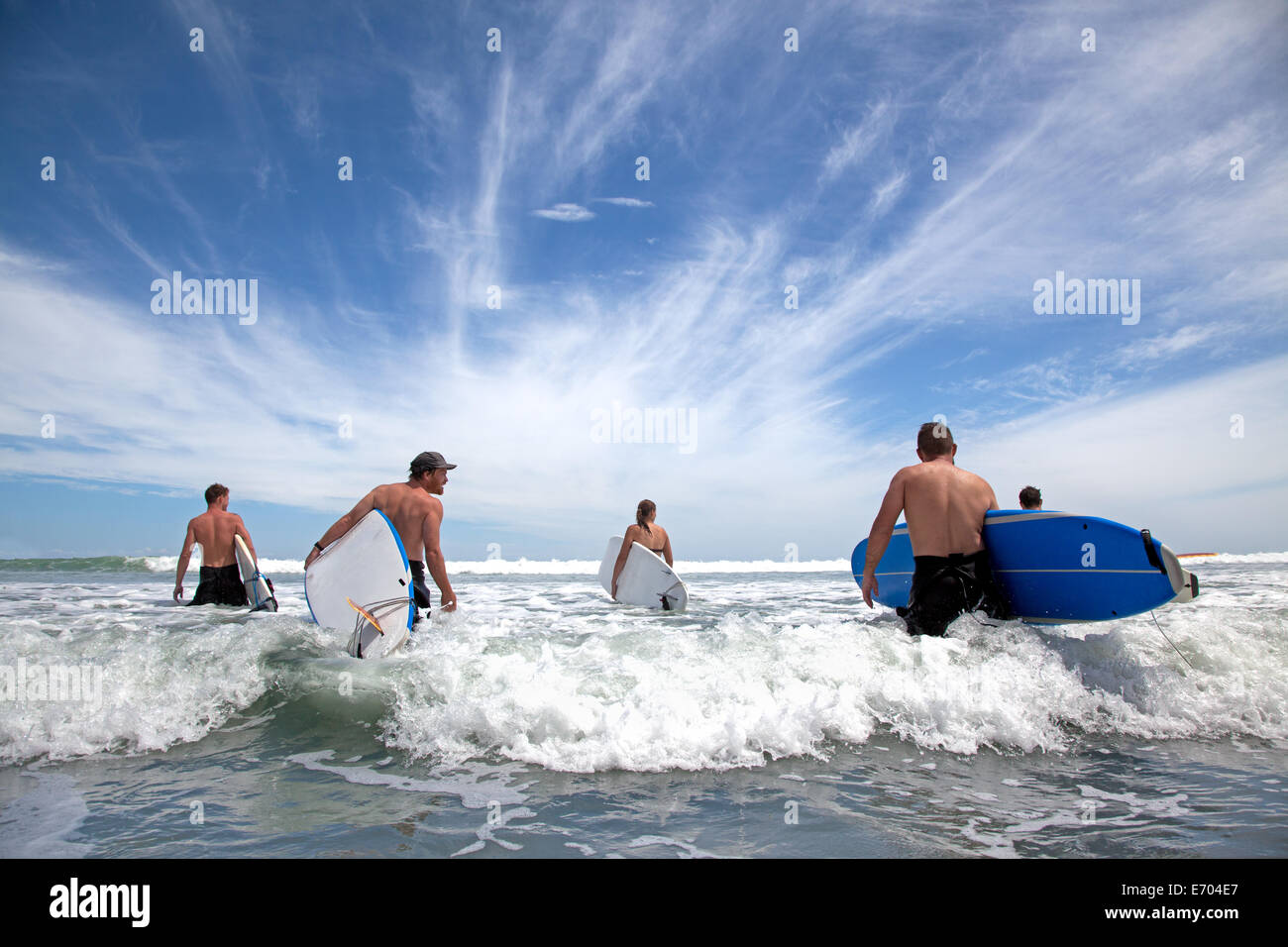 Gruppe von männlichen und weiblichen Surfer Freunde waten in Meer mit Surfbrettern Stockfoto