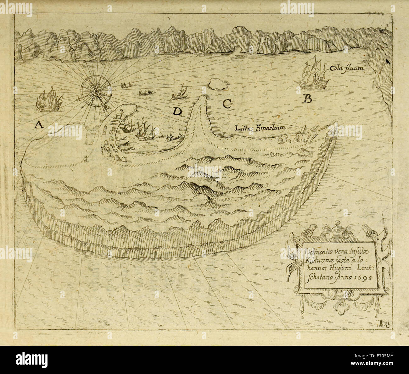 Willem Barentsz auf erste Reise verankert 23.-29. Juni 1594 verankert vor Kildin Insel. Siehe Beschreibung für mehr Informationen. Stockfoto