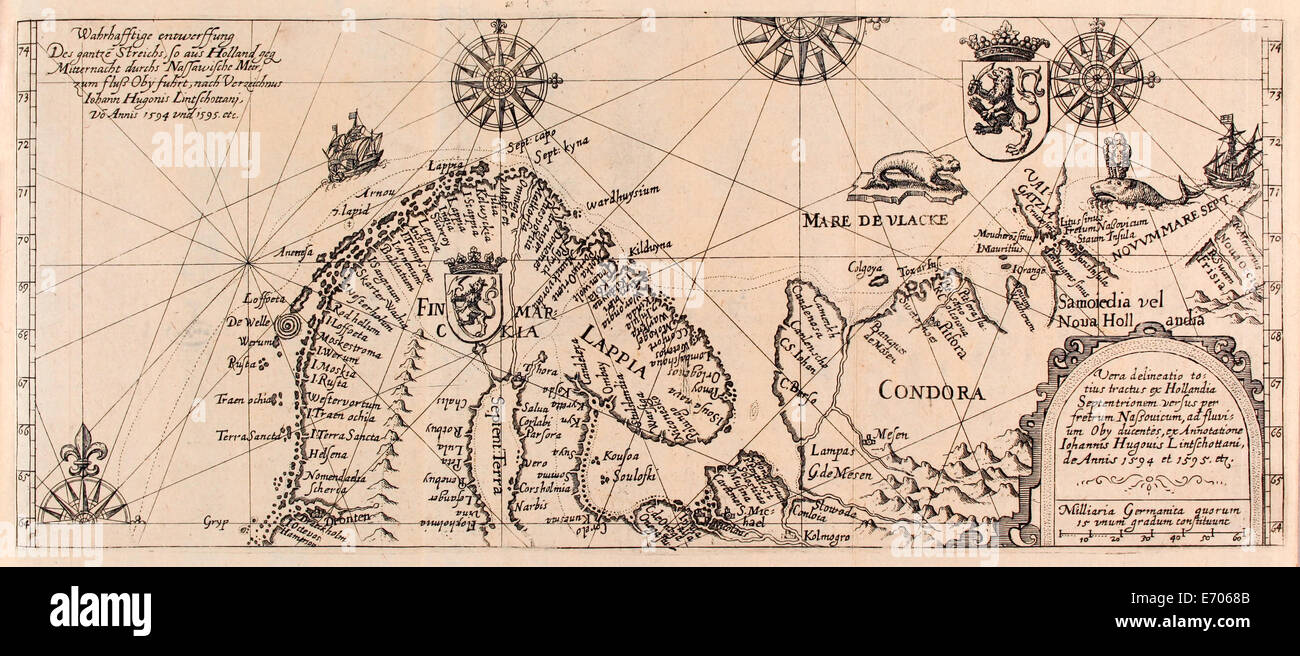 Karte von Willem Barentsz erste Reise im Jahre 1594 von "Zwölffte Schiffahrt Oder Kurtze...". Siehe Beschreibung für mehr Informationen. Stockfoto
