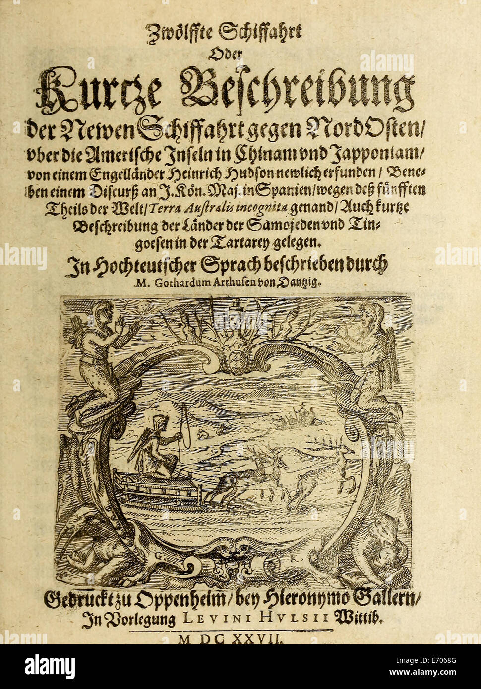 Frontispiz von "Zwölffte Schiffahrt Oder Kurtze...". Siehe Beschreibung für mehr Informationen. Stockfoto